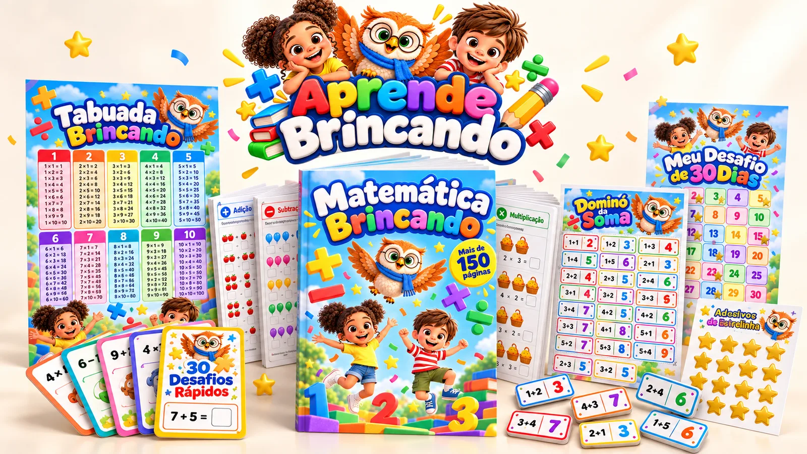 Apostila Matemática Brincando com a tabuada, fichas, dominó, calendário e adesivos
